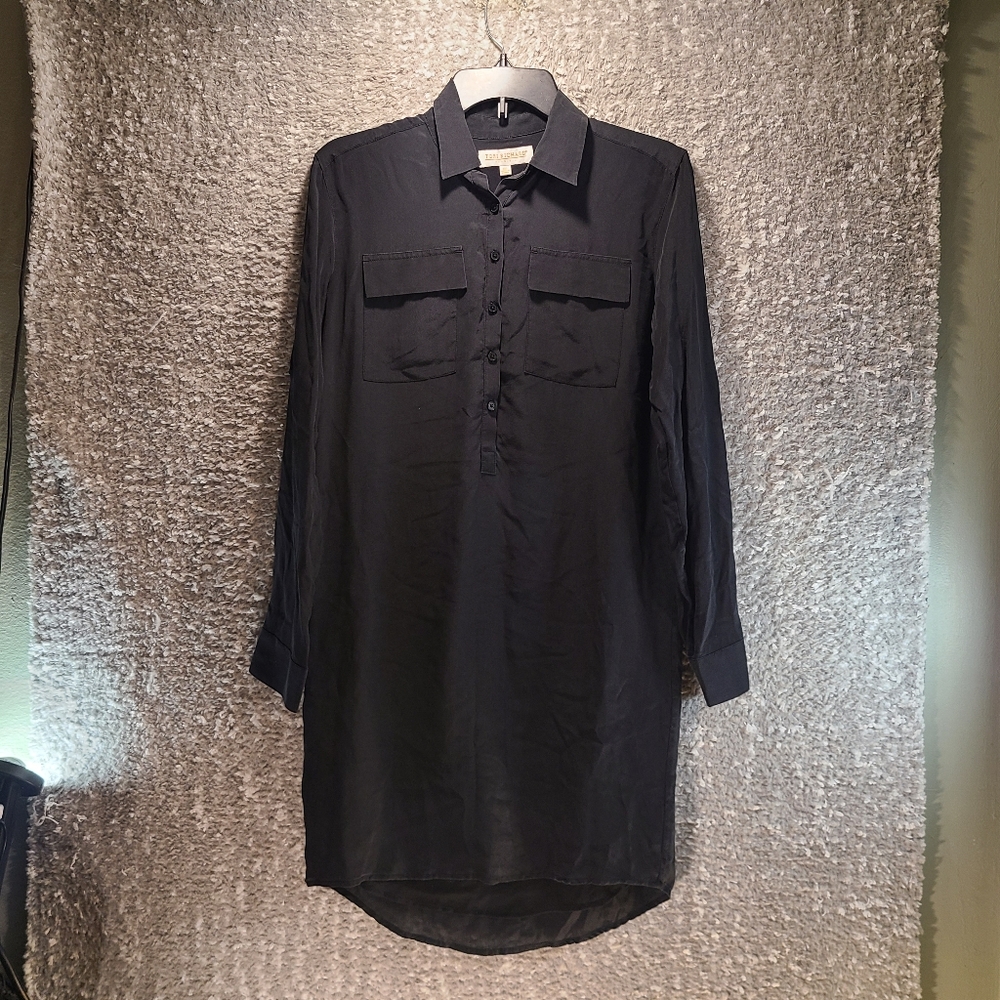 Tori Richard Shirt Dress Size 00 100% Silk Long Sleeve Black Roll Tab Collared